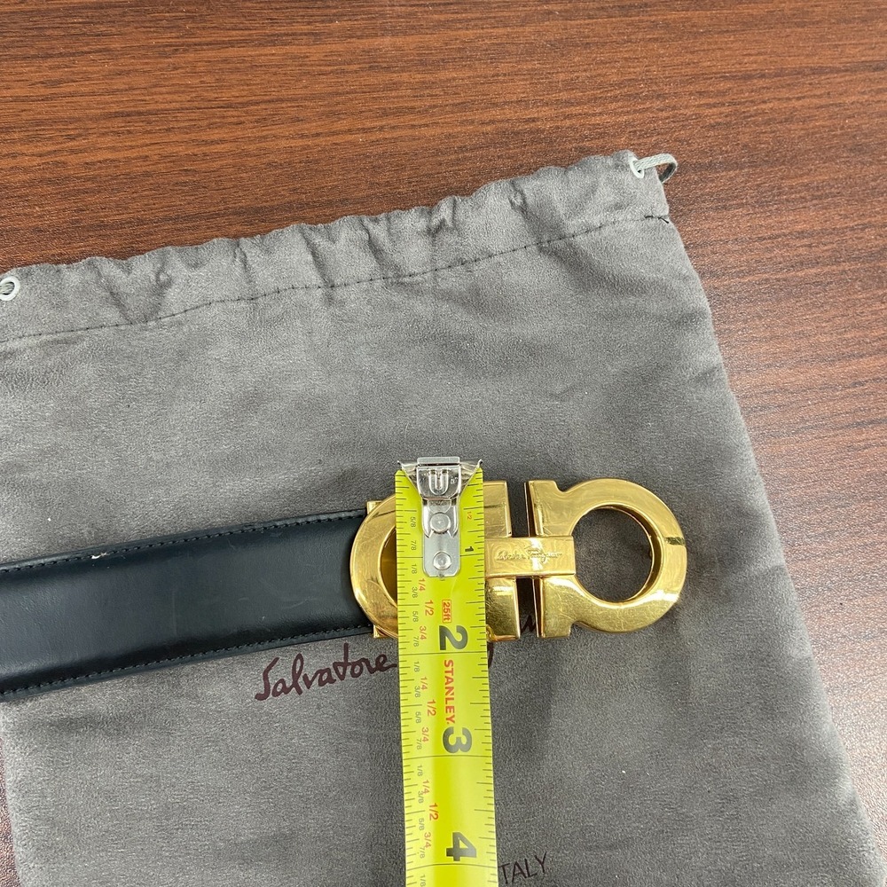 Salvatore Ferragamo Gancini Belt Mens 33 Black Calfskin Gold Tone Buckle 5 Hole - Picture 12 of 14